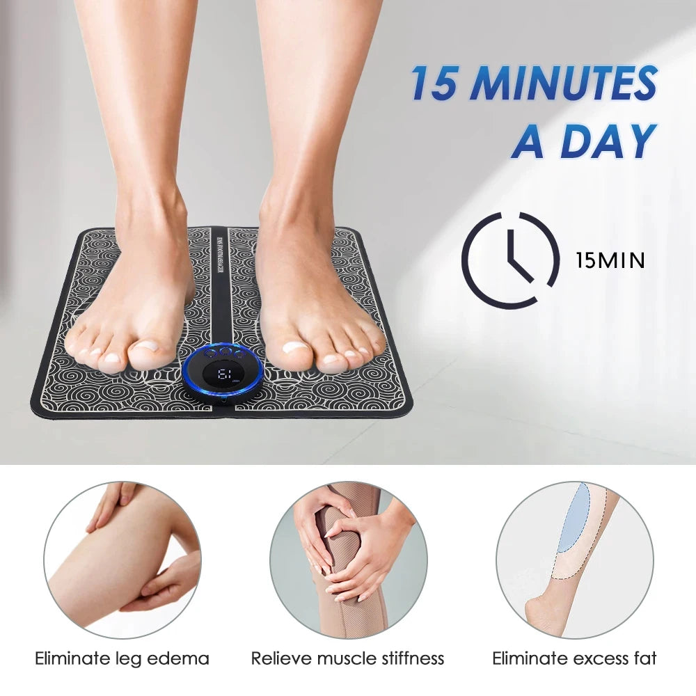 Rechargeable EMS foot massage mat with digital controller for pain relief, edema, and muscle relaxation.