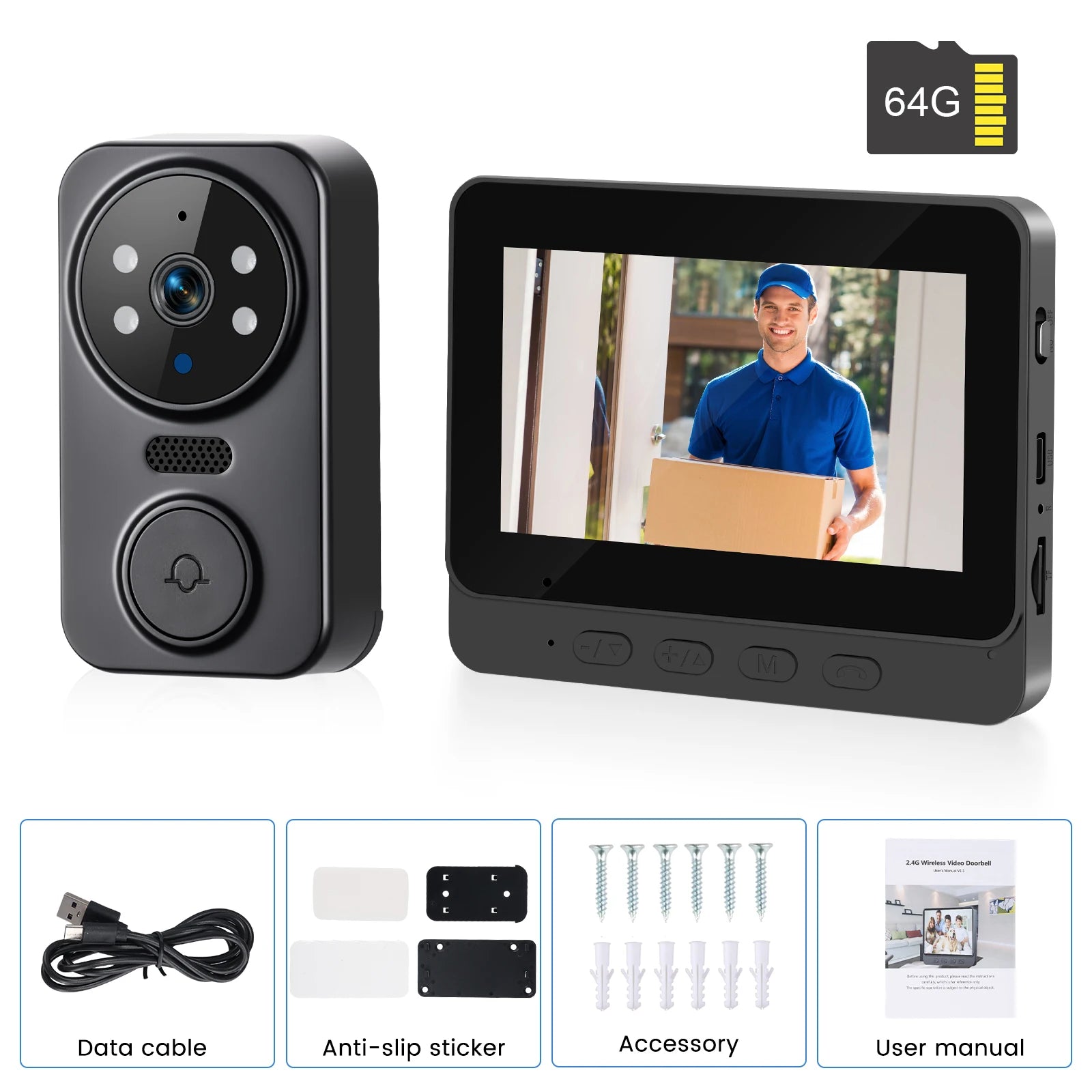 Podofo Wireless Video Doorbell with Screen 4.3'' IPS HD Smart Intercom 2.4G No WIFI Visible Doorbell Two-Way Talk Night Vision