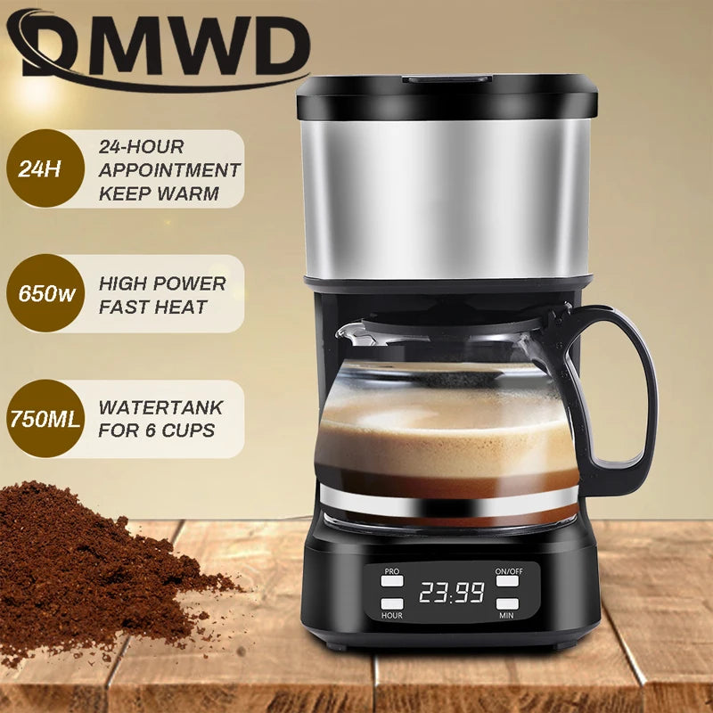 QMWD 6-cup programmable coffee maker in black and stainless steel with 750ml glass carafe and digital display.