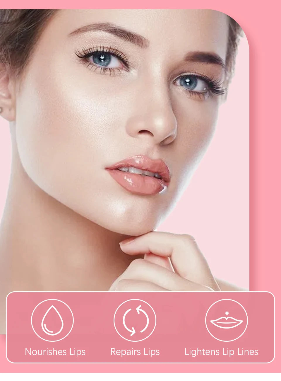 Model wearing clear, moisturizing crystal jelly lip gloss for a plumping, hydrated makeup look.