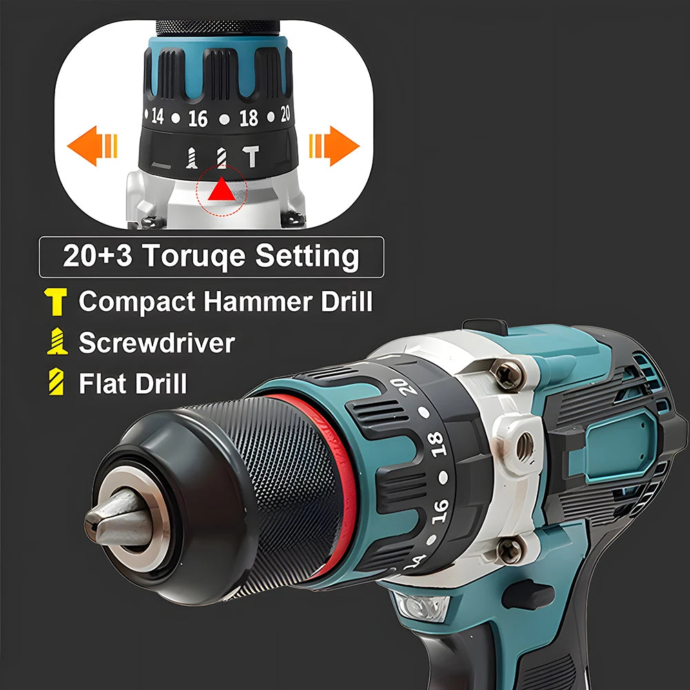 Podofo Brushless Electric Drill Screwdriver Power Tools Metal Chuck Impact Hammer Drill  Cordless Motor Screwdriver Power Tools