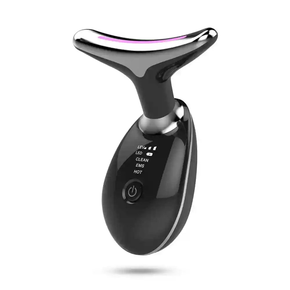 Black, T-shaped facial and neck massager with a digital display, power button, and metallic head with LED light.