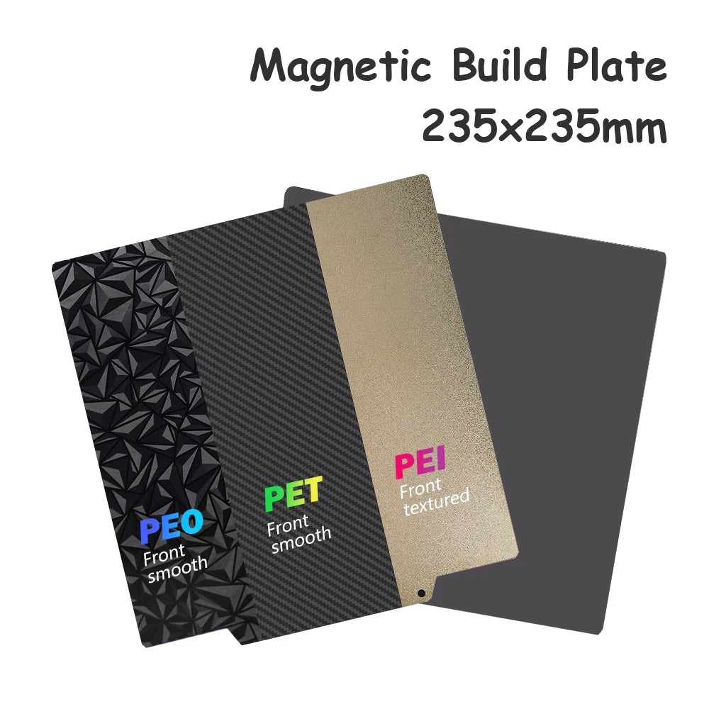 235x235mm magnetic PEI, PEO, PET spring steel build plate for Ender 3 series 3D printers for easy print removal.