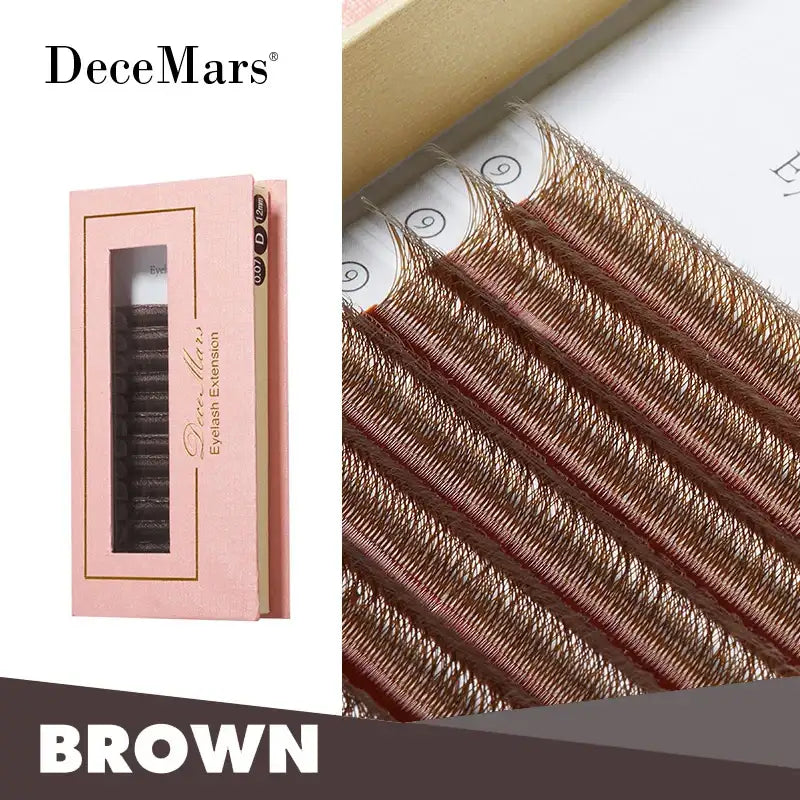 Brown 4D W-shaped volume eyelash extensions in a pink DeceMars brand box, featuring 0.07mm fine synthetic fibers.