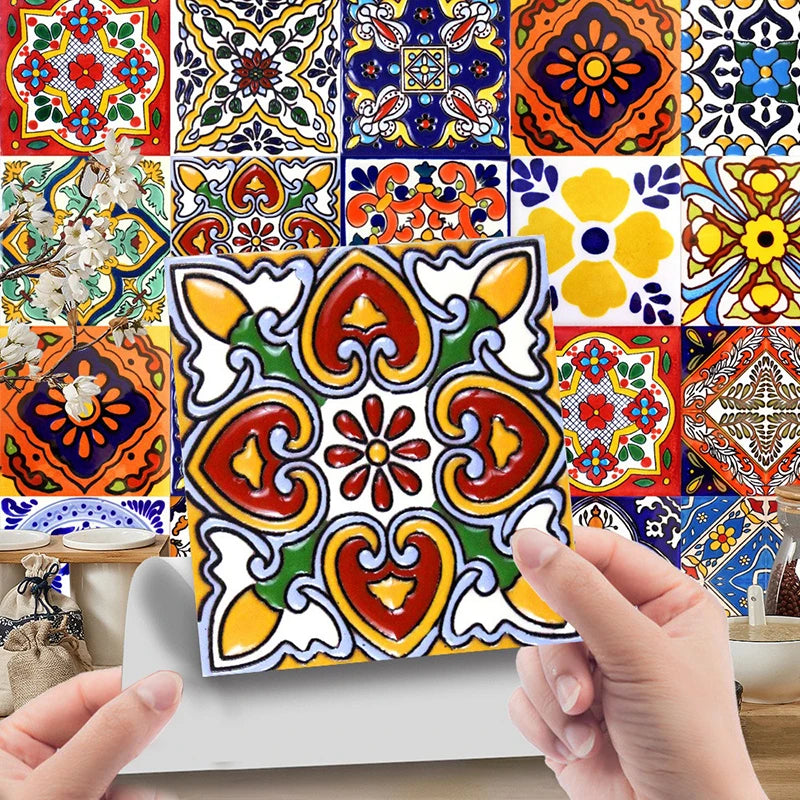 24pc Tile Stickers 4x4in Peel and Stick Backsplash Bathroom Waterproof Tile Stickers Colorful Mexican Tile Stick Home Decor