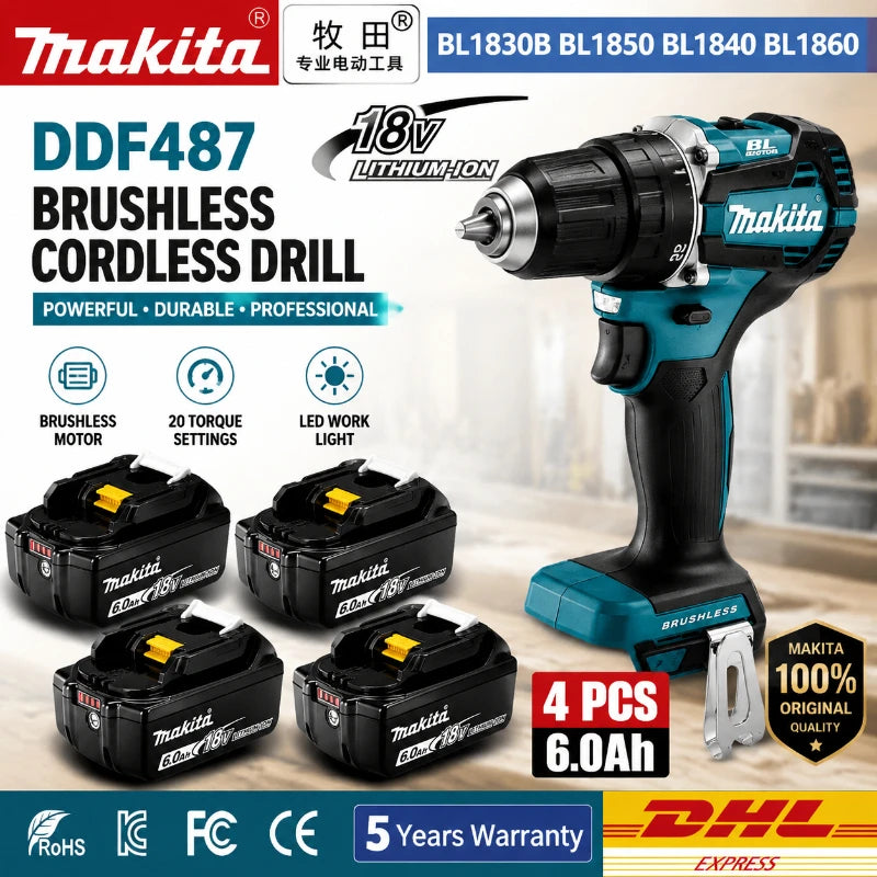 Original Makita 18V Cordless Drill Brushless High Torque Electric Drill DDF487 + Battery Pack BL1860B BL1840 DIY Professional Tool EU Fast Shipping