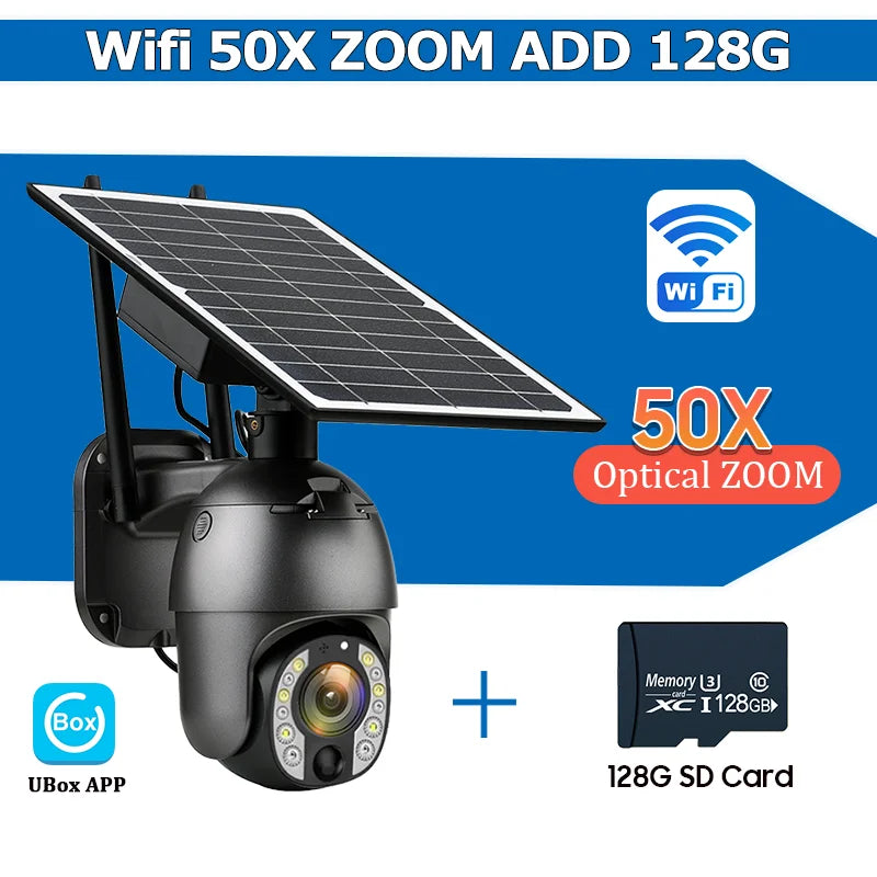Black WiFi solar PTZ security camera with 50x optical zoom and 128GB SD card