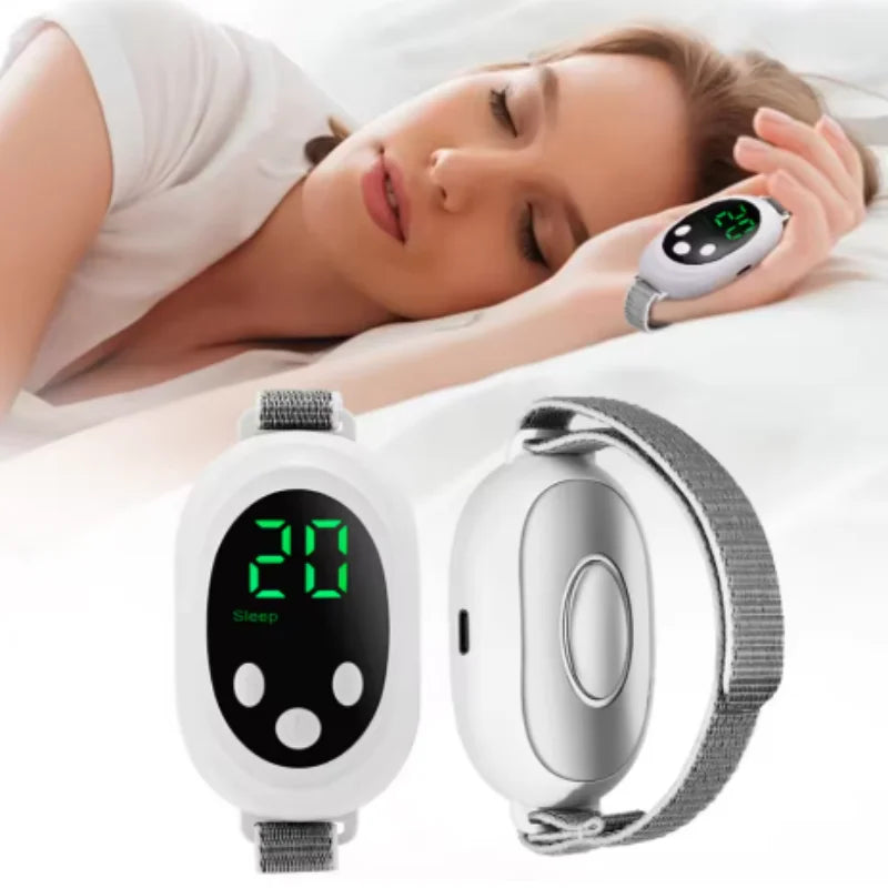 White handheld microcurrent sleep aid device with digital display and grey strap, used for anxiety and insomnia relief.