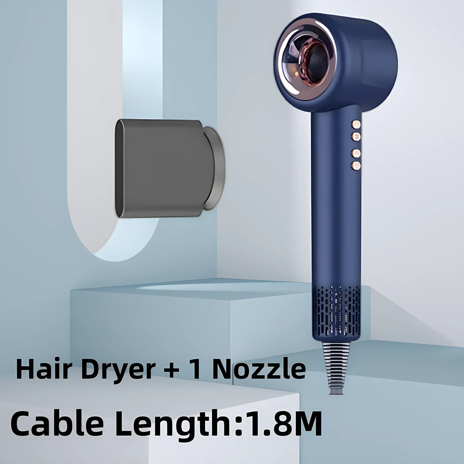 Blue 1600W silent ionic hair dryer with magnetic nozzle, constant temperature control, and 1.8m professional power cord.