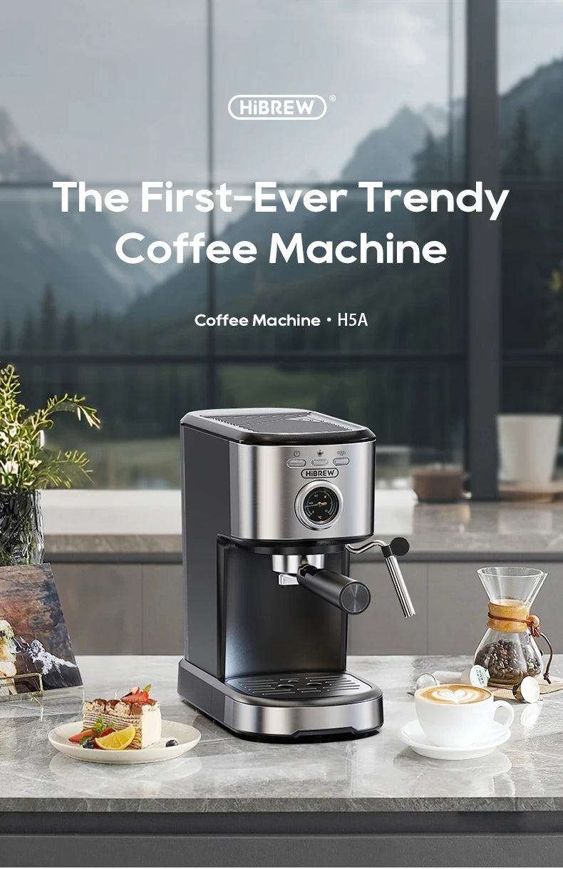 HiBREW H5A espresso coffee machine in black and stainless steel with analog pressure gauge on a kitchen counter.