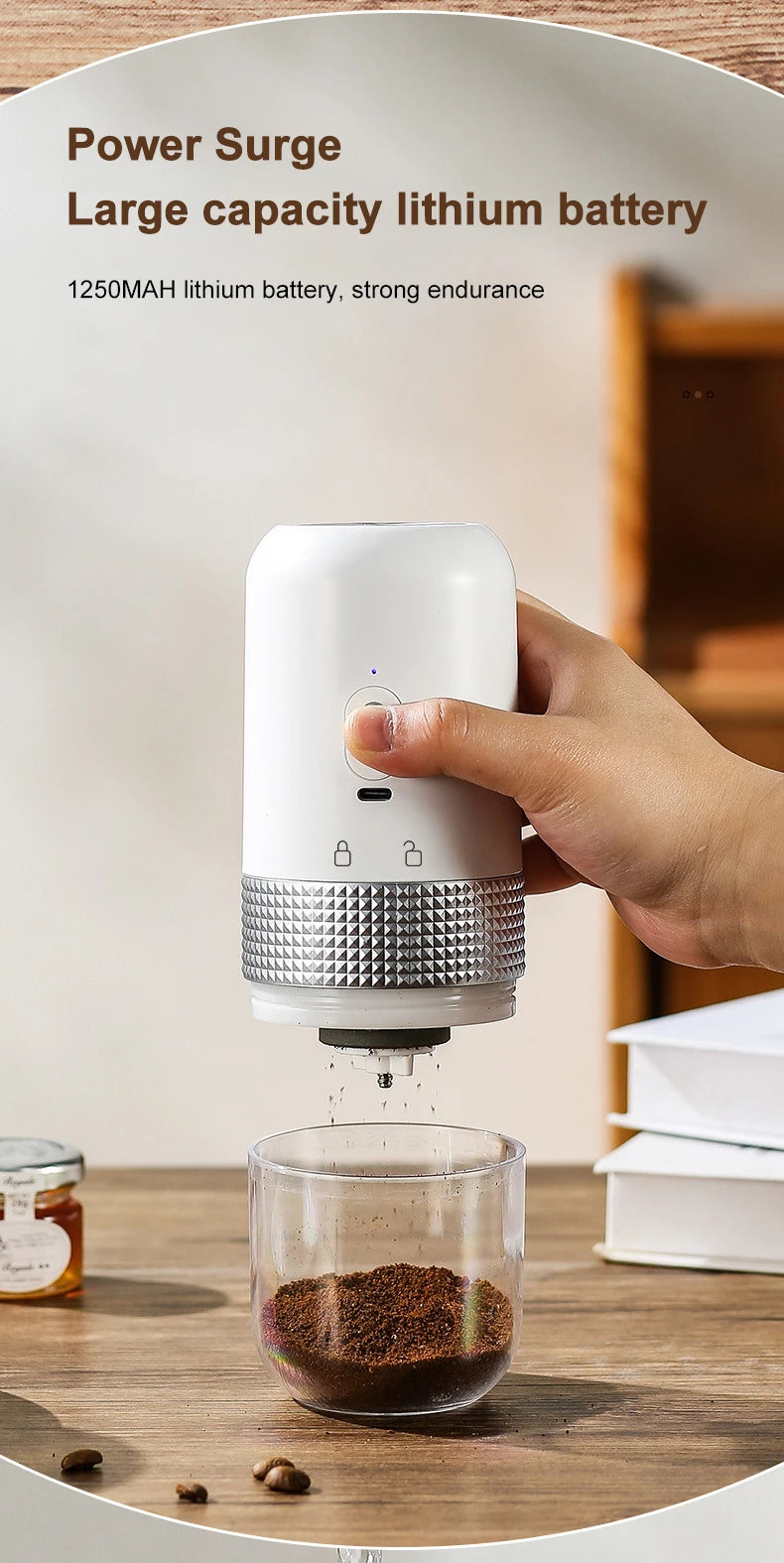 Portable white electric coffee grinder with metallic knurled base and 1250mAh rechargeable battery dispensing grounds.