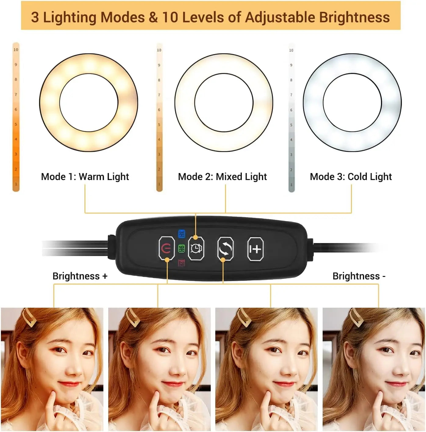 Ring light with 3 modes and 10 brightness levels controlled by a wired remote for portrait photography.