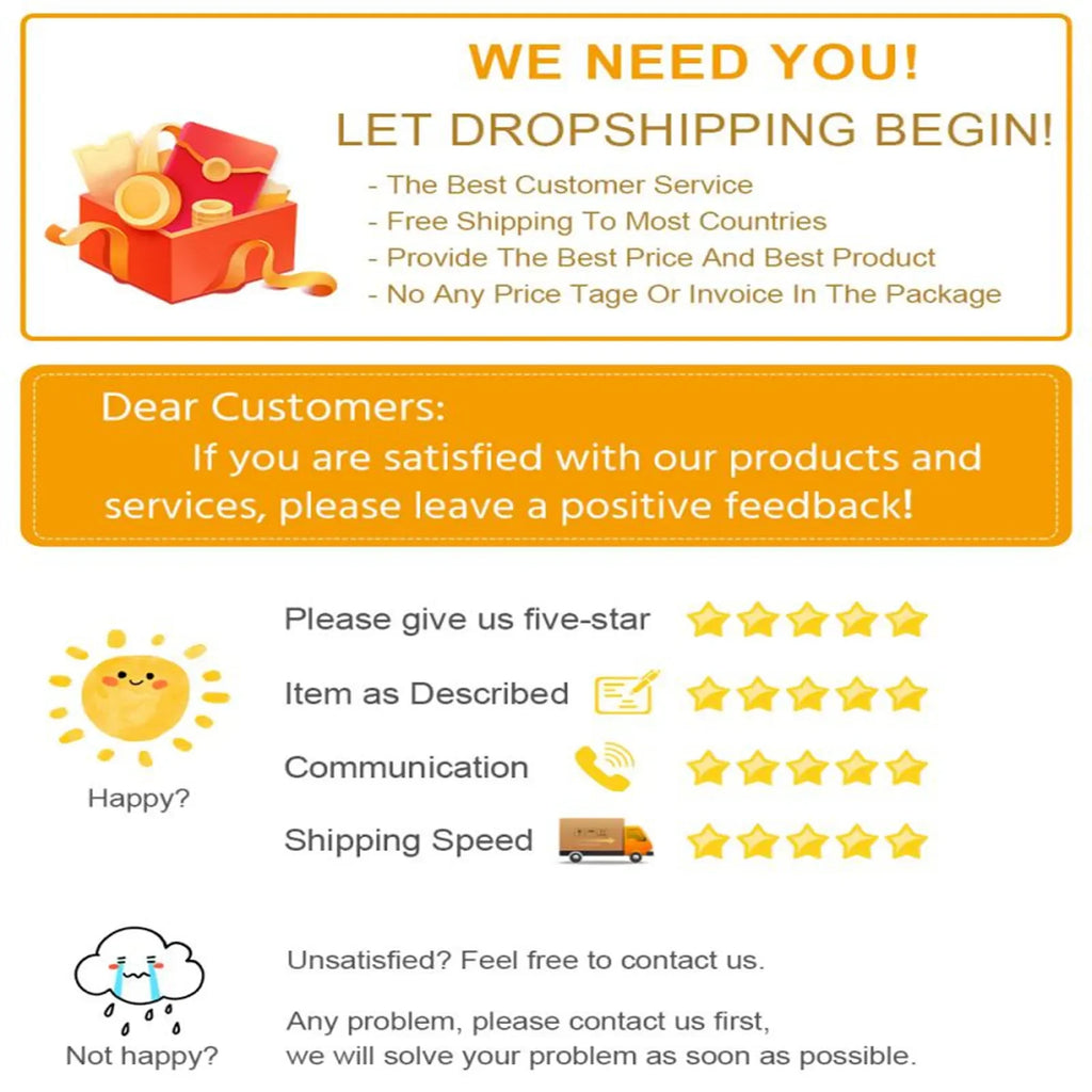 Feedback request card for dropshipping services featuring a five-star rating guide and contact instructions.