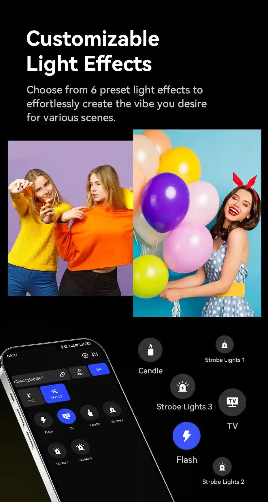 Ulanzi DB6F portable LED light control app interface showing six preset light effect settings for photo lighting.