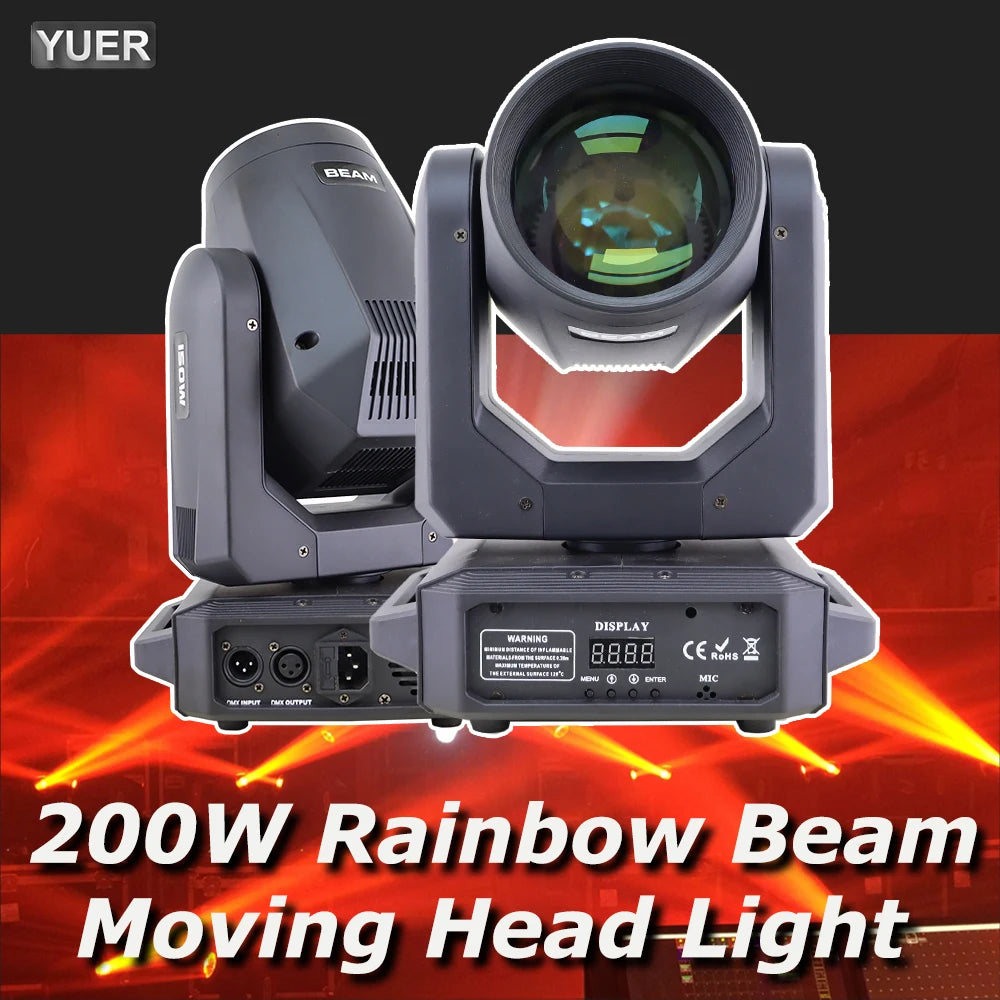 200W LED moving head stage light with lens, display panel, and rainbow beam effects