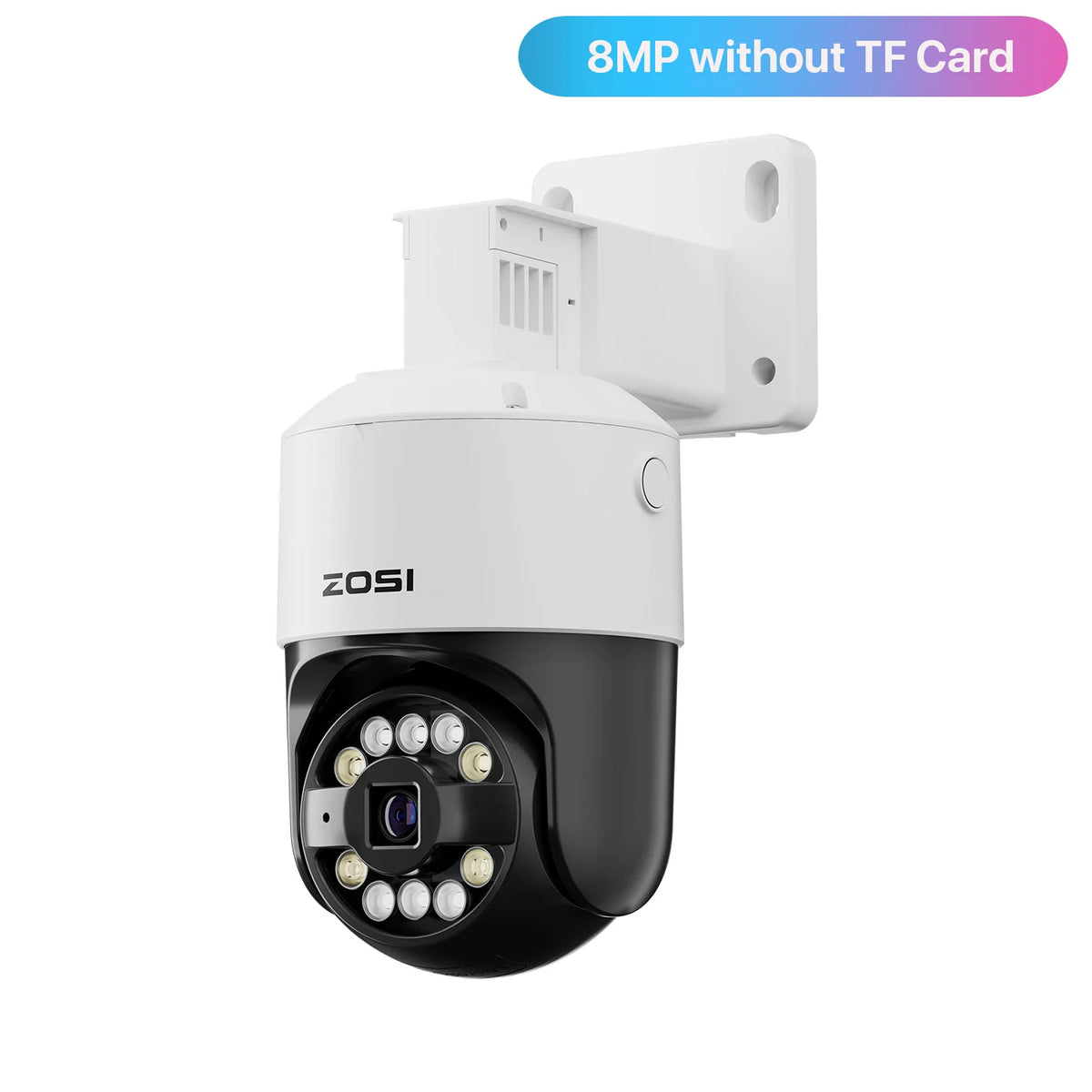 8MP outdoor PTZ security camera, white housing with black dome and visible IR LEDs