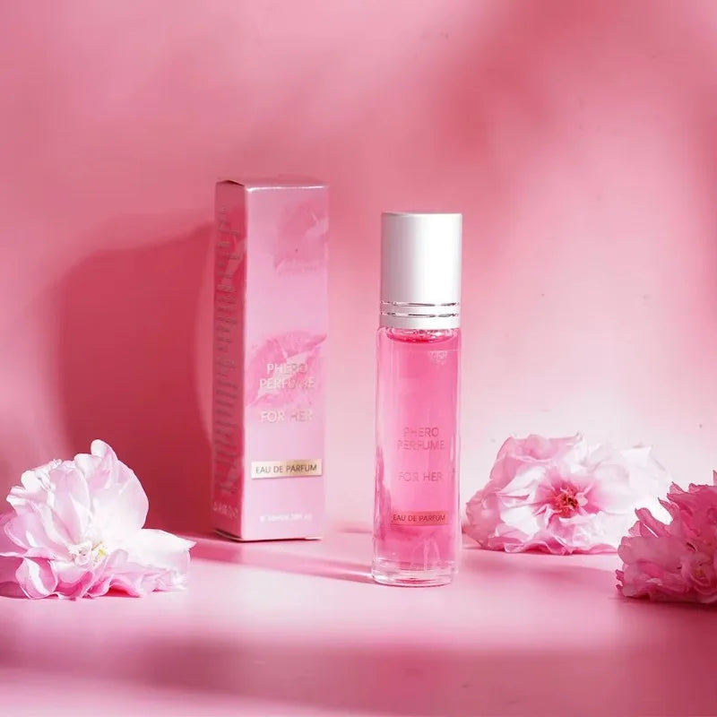 Flirting Phero Perfume Eau de Parfum for women: sleek glass bottle, long-lasting sexy pheromone fragrance oil in pink.