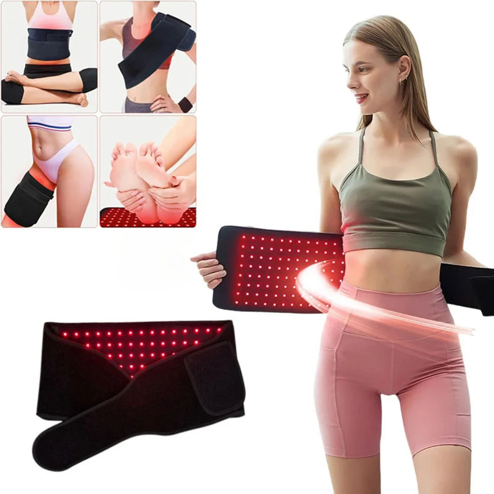 Red light therapy belt for pain relief, black wearable infrared wrap device showing LEDs on waist, back, and limbs.
