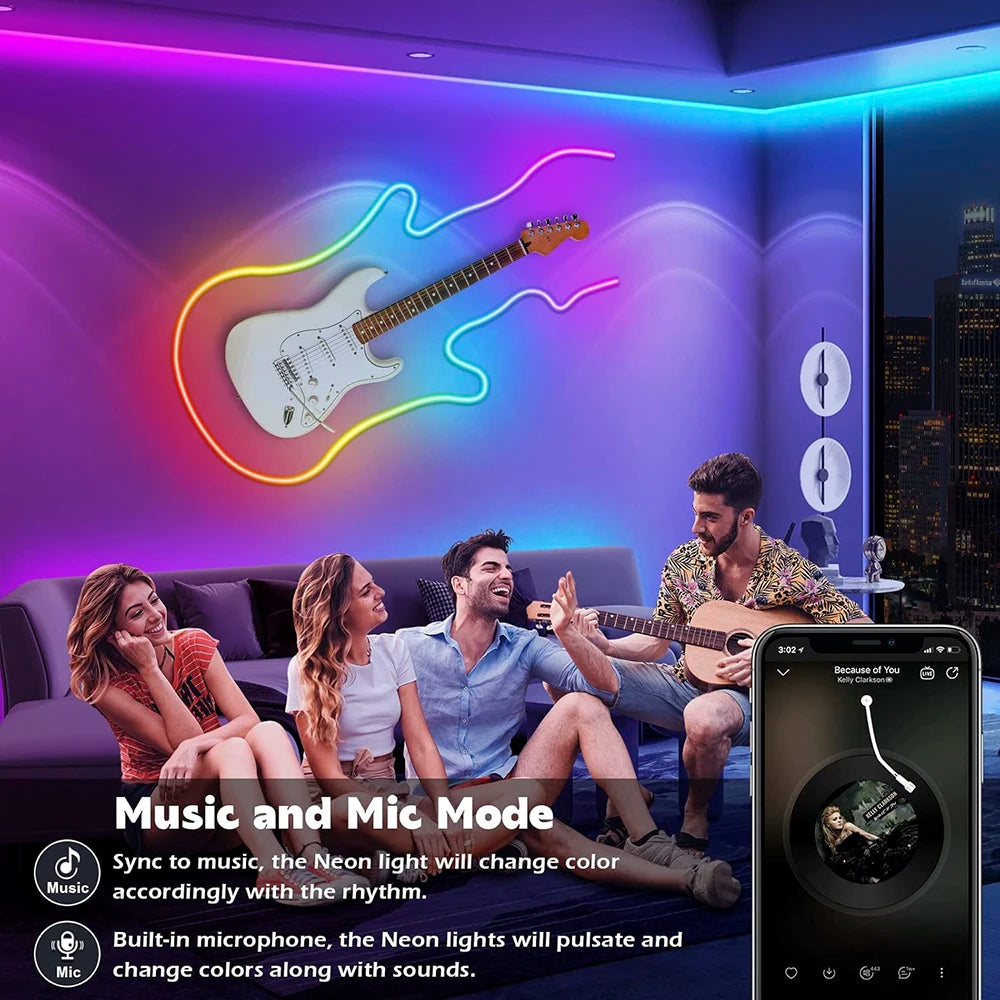 RGB LED neon rope light shaped guitar glow with music and mic mode