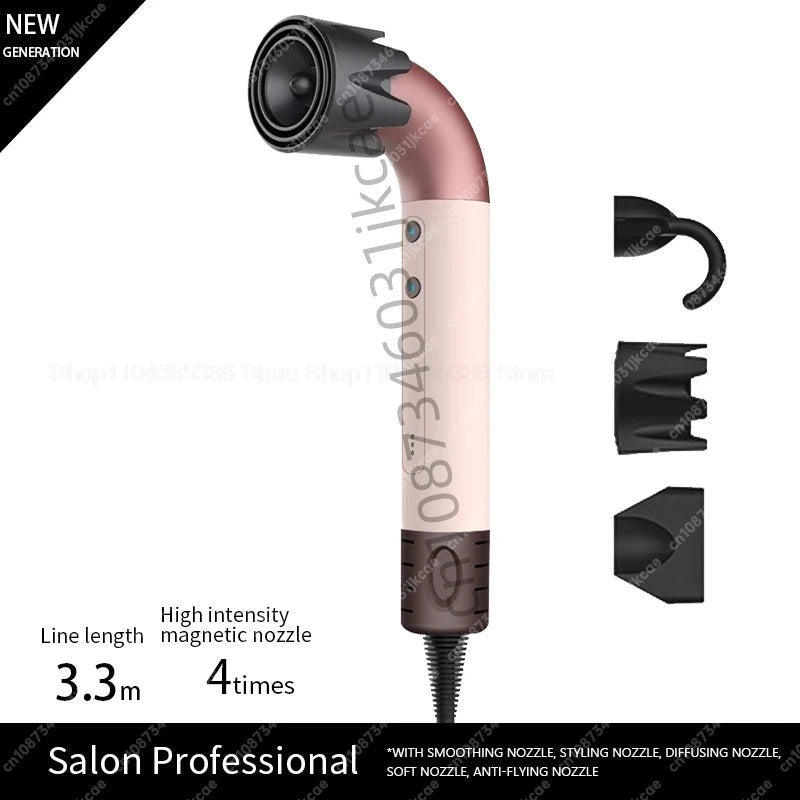 Rose gold leafless ionic hair dryer with magnetic styling attachments for professional salon-quality hair care.