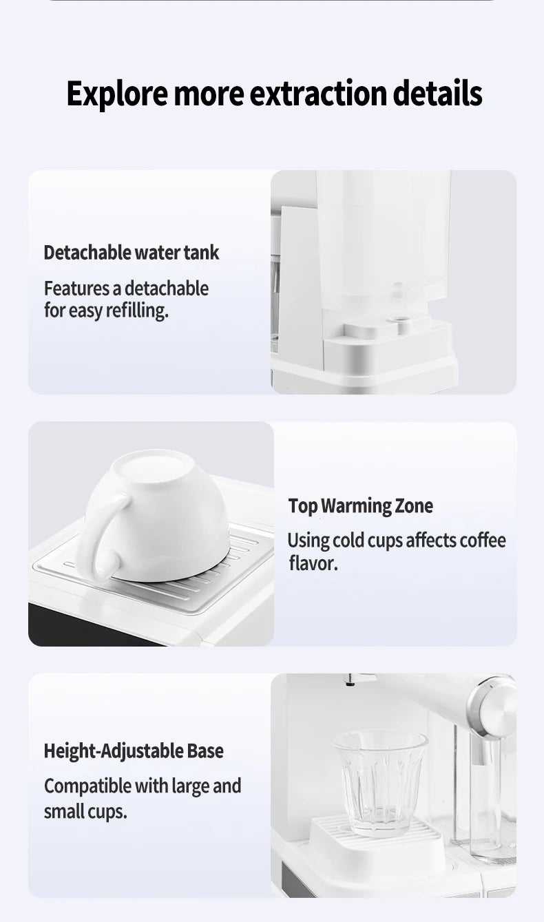 White coffee machine features a detachable water tank, cup warming plate, and height-adjustable base for any cup.