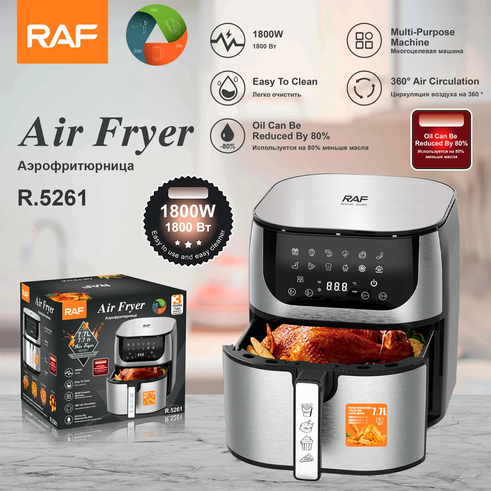 RAF Multifunctional Stainless Steel Air Fryer Touch Screen 1800w High Quality Air Fryer Machine Home Use Easy Clean