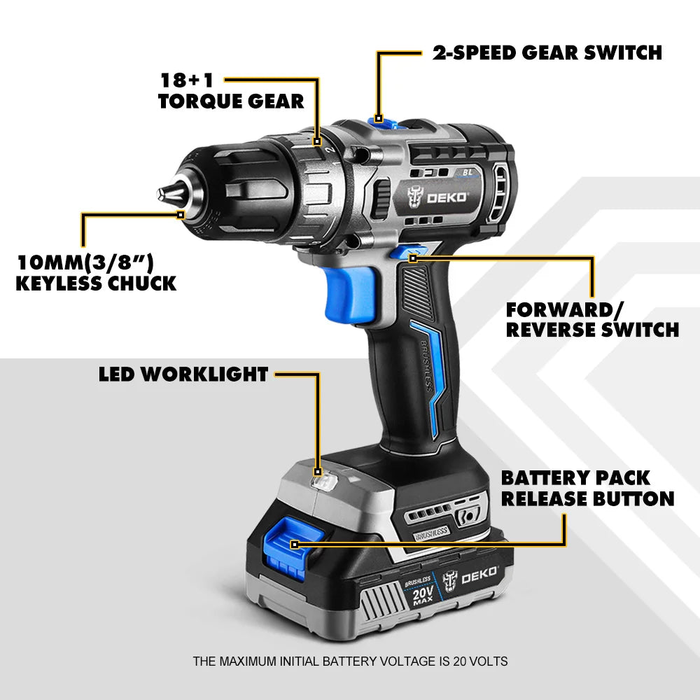 DEKO 20V DKBL20DU3 Brushless Cordless Drill Combo Kit Mini Electric Screwdriver 2 Speed Power Tools for Woodworking