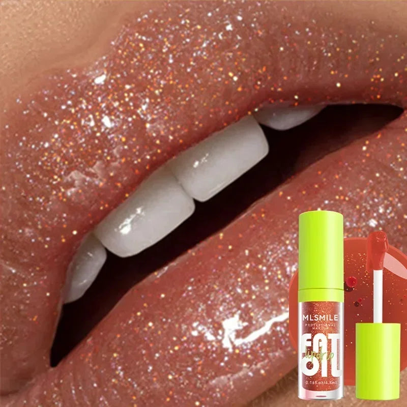 Moisturizing glitter lip gloss in a shimmering copper-nude shade for a plump, high-shine, nutritious makeup finish.