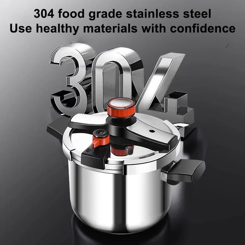 304 stainless steel pressure cooker with red top vent and black lid handles