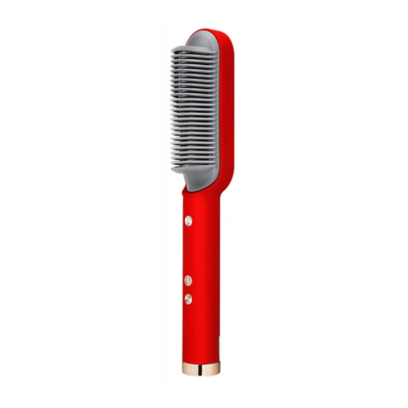 Red ceramic hair straightening brush with gray detangling bristles and control buttons for professional salon styling.