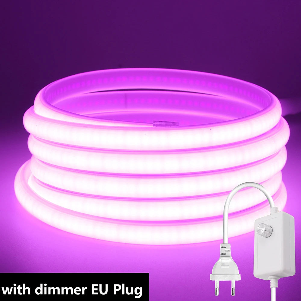 Dimmable 220V COB LED Light With Dimmer EU Power Kit Neon Strip 288Leds/M Waterproof Garden Room Home Bar Lighting Flexible Lamp