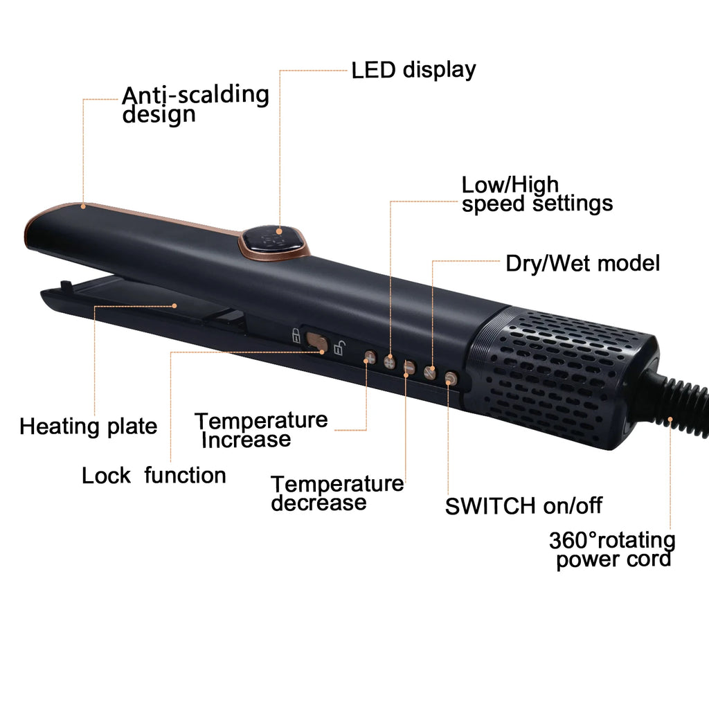 Black 2in1 hair straightener and dryer with LED display, anti-scalding design, and 360-degree rotating power cord.