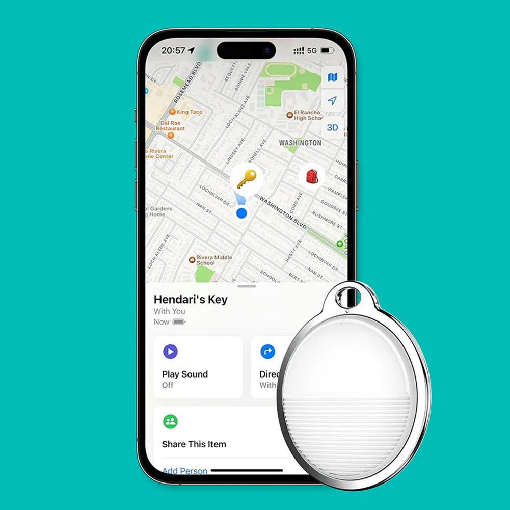 White mini Bluetooth GPS pet tracker compatible with Apple Find My app for easy location tracking on smartphone.