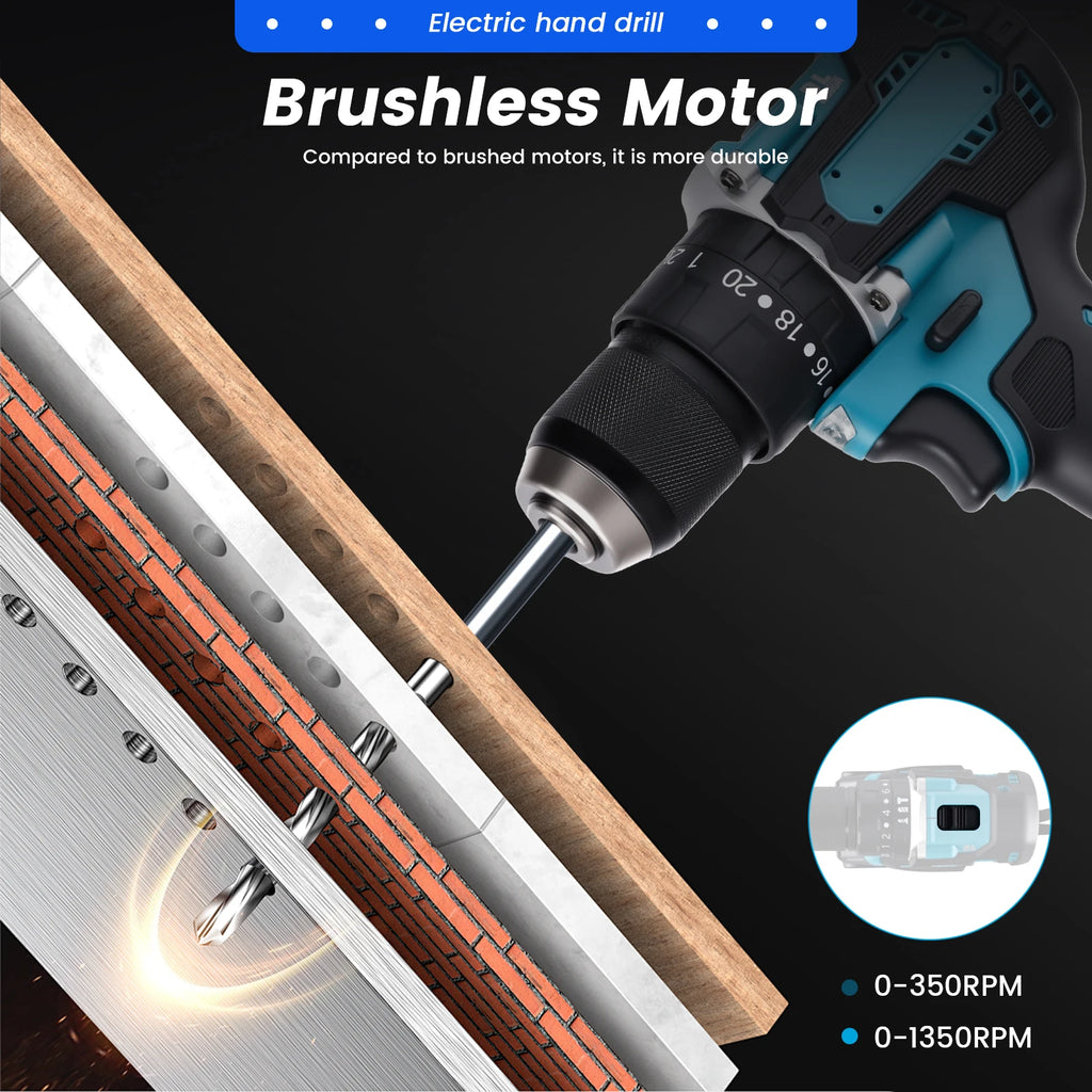 Podofo 21V Cordless Brushless Impact Drill Electric Screwdriver Power Tool with Battery Charger 2 Speed Gearbox 23 Torque Settings LED Light Rechargeable Drill Driver for Wood Metal Plastic DIY Repair