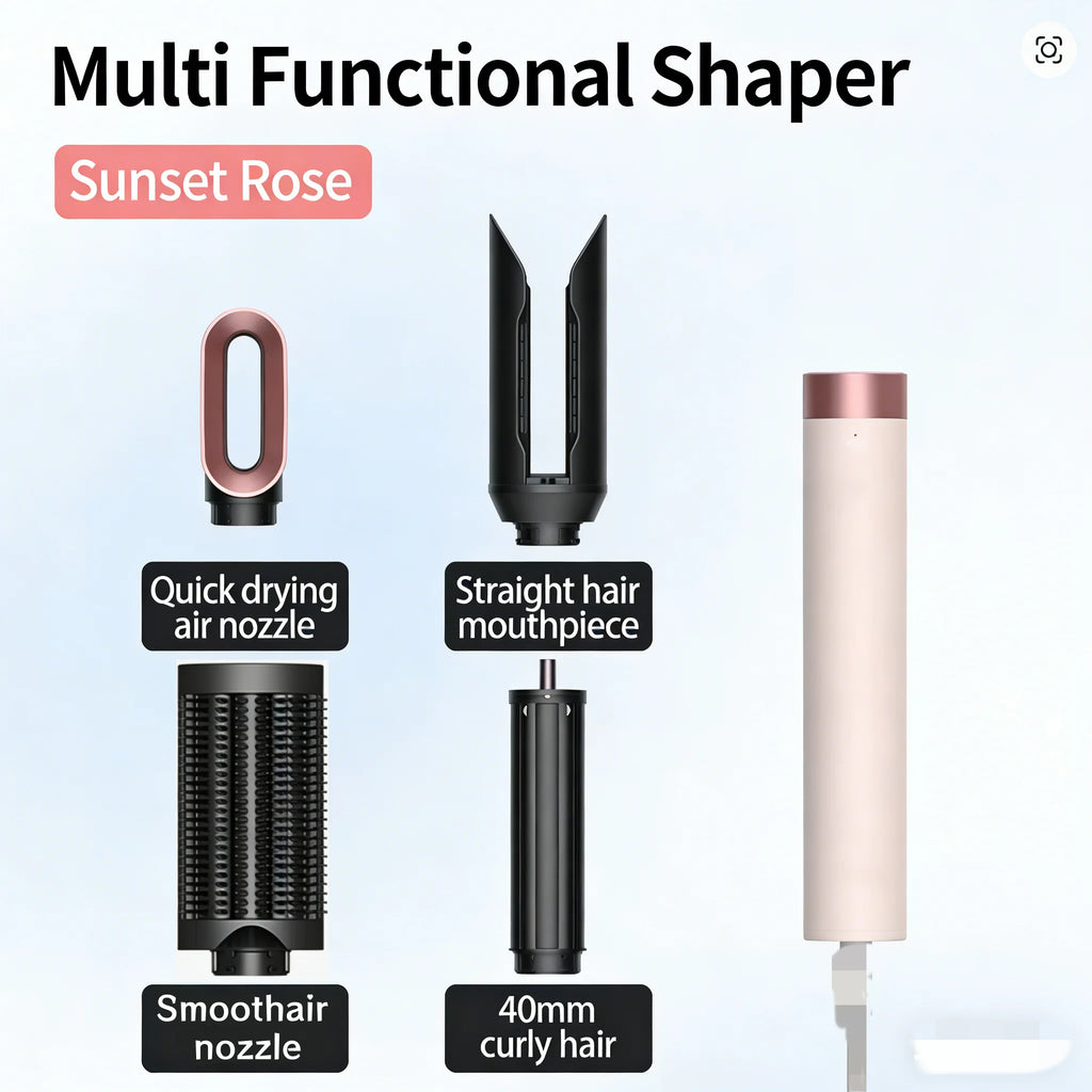 SenCiciMen 6-in-1 sunset rose hair styler set with drying, smoothing, and curling attachments for versatile styling.