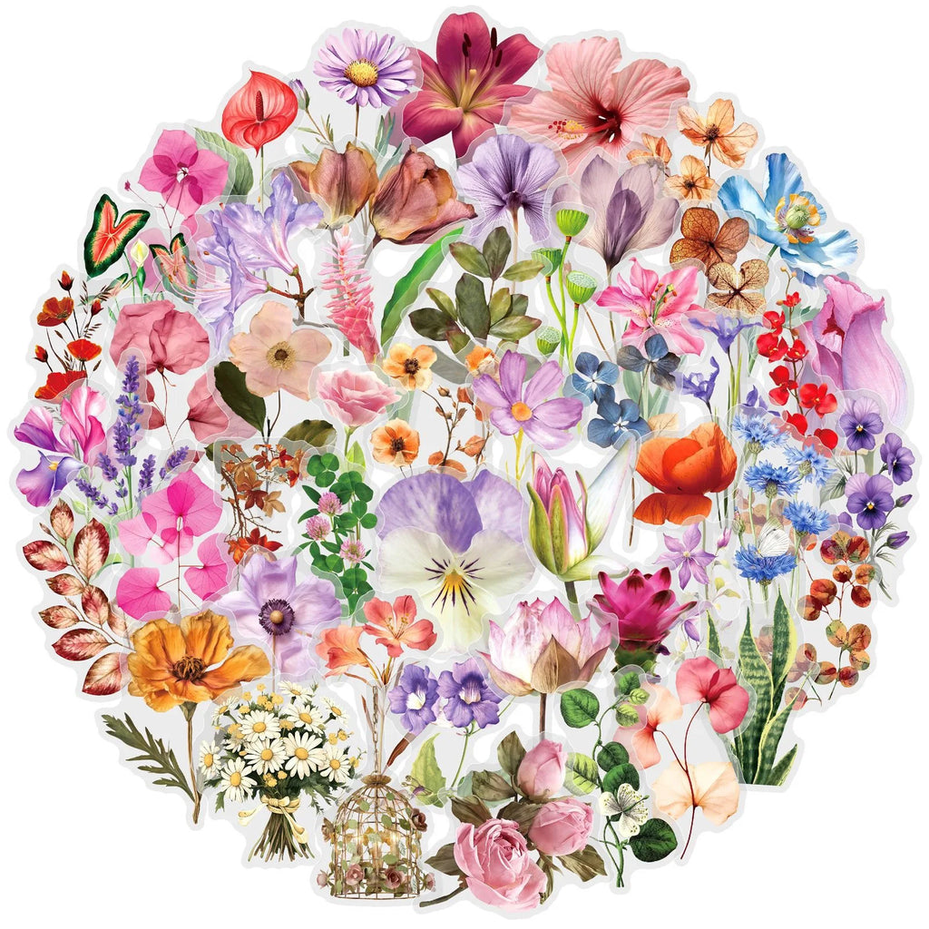 50PCS Color Ink Flower Sticker Pack Waterproof Transparent PET Brochure Flower Material Decorative Notebook Waterproof Stickers
