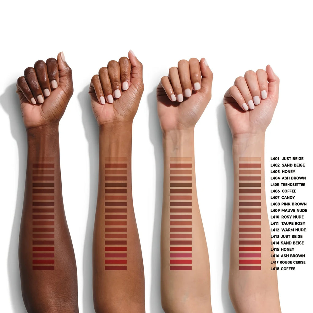 Matte lip liner swatches in various nude, brown, and red shades shown on four different skin tones.