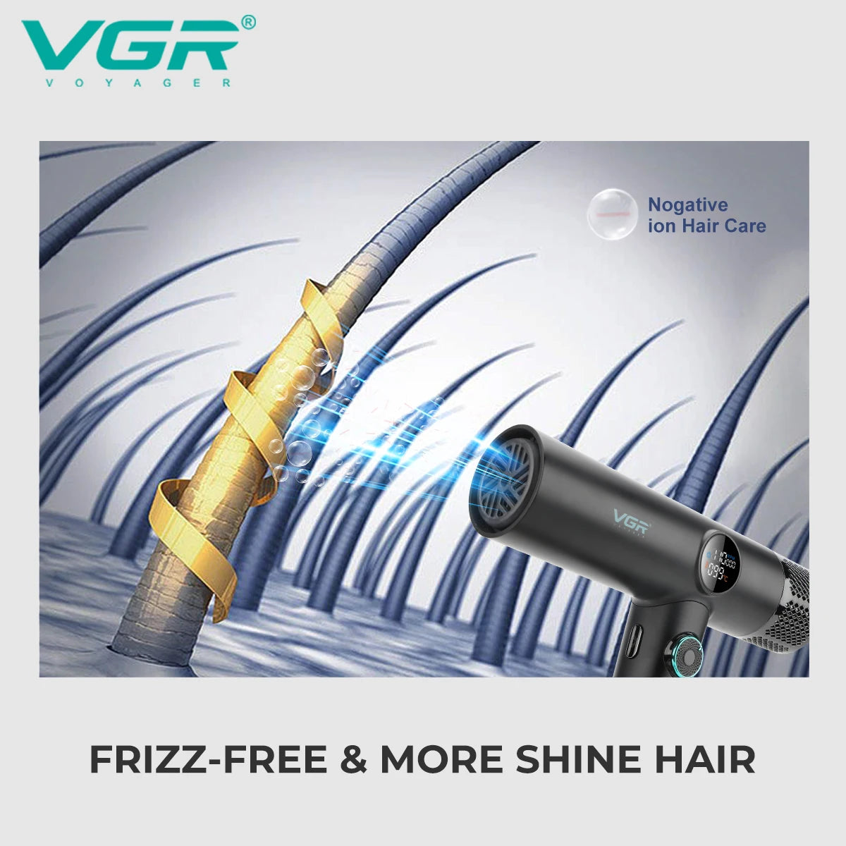 VGR V-401 professional ionic hair dryer with digital display and high-speed BLDC motor for frizz-free, shiny hair.