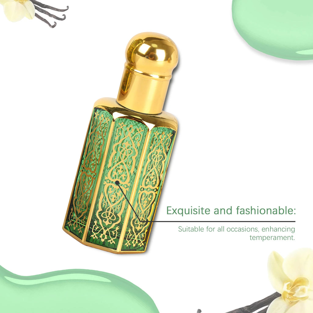 Roxelis Vanilla long-lasting women's perfume in a decorative green and gold Arab-style glass bottle. Sweet scent.
