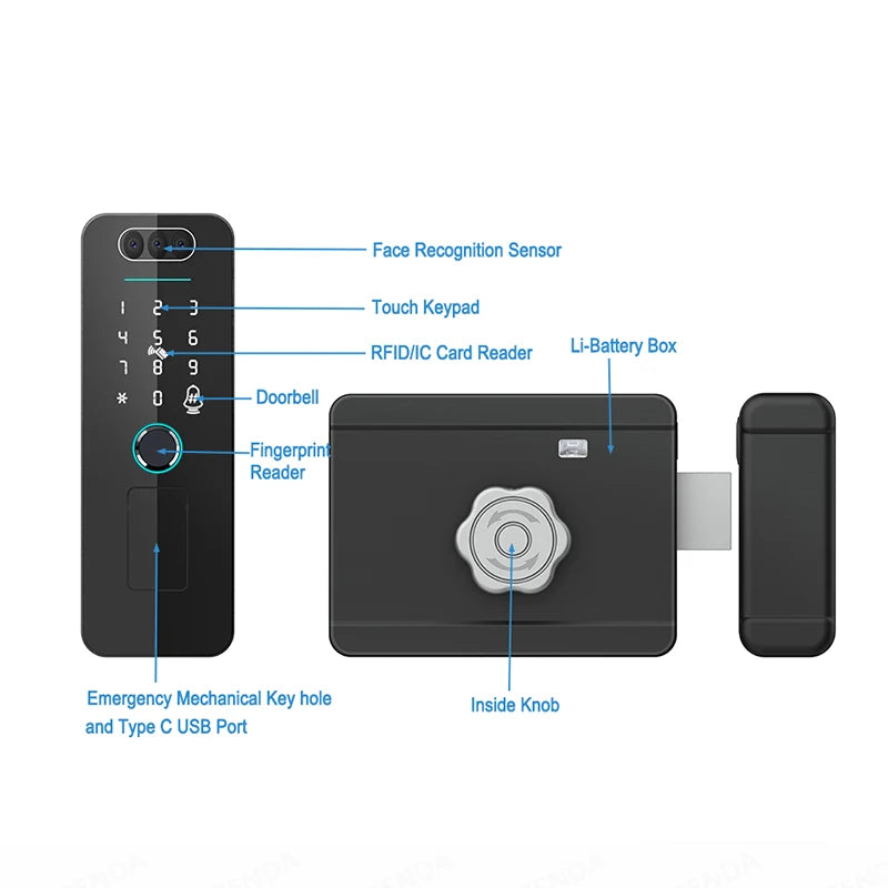 Outdoor Gate Waterproof Smart Tuya Wifi Lock 3D Face Recognition Digital Code Keyless App Remote Biometric Fingerprint Rim Lock