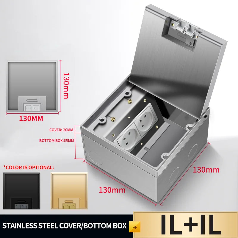 Recessed stainless steel floor socket box with open cover, showing two universal outlets