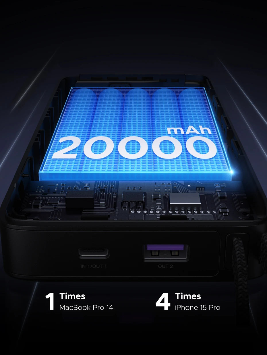 20000mAh Power Bank 67W Fast Charging Portable Charger with Built-in Cable Tidesmit