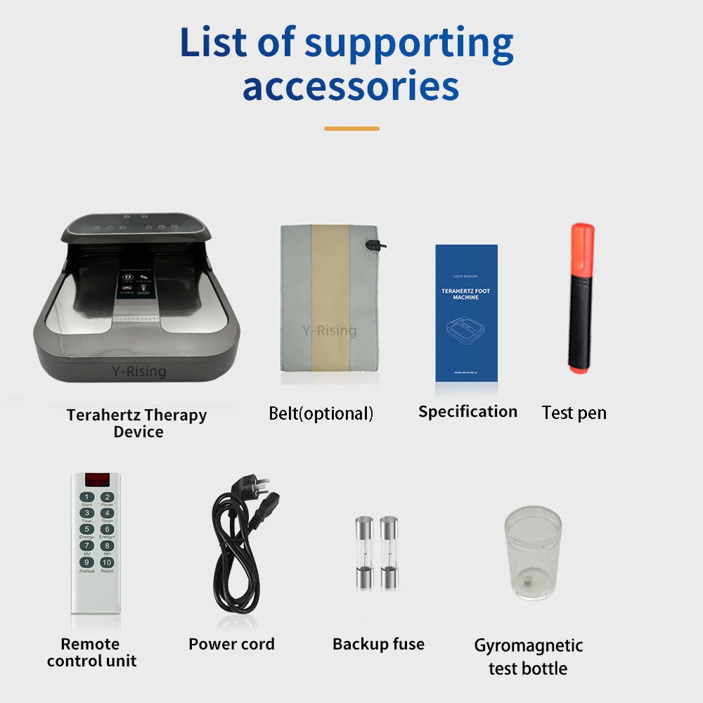 Tera-P90 Terahertz PEMF foot massager device kit with belt, remote, power cord, test pen, and accessories.