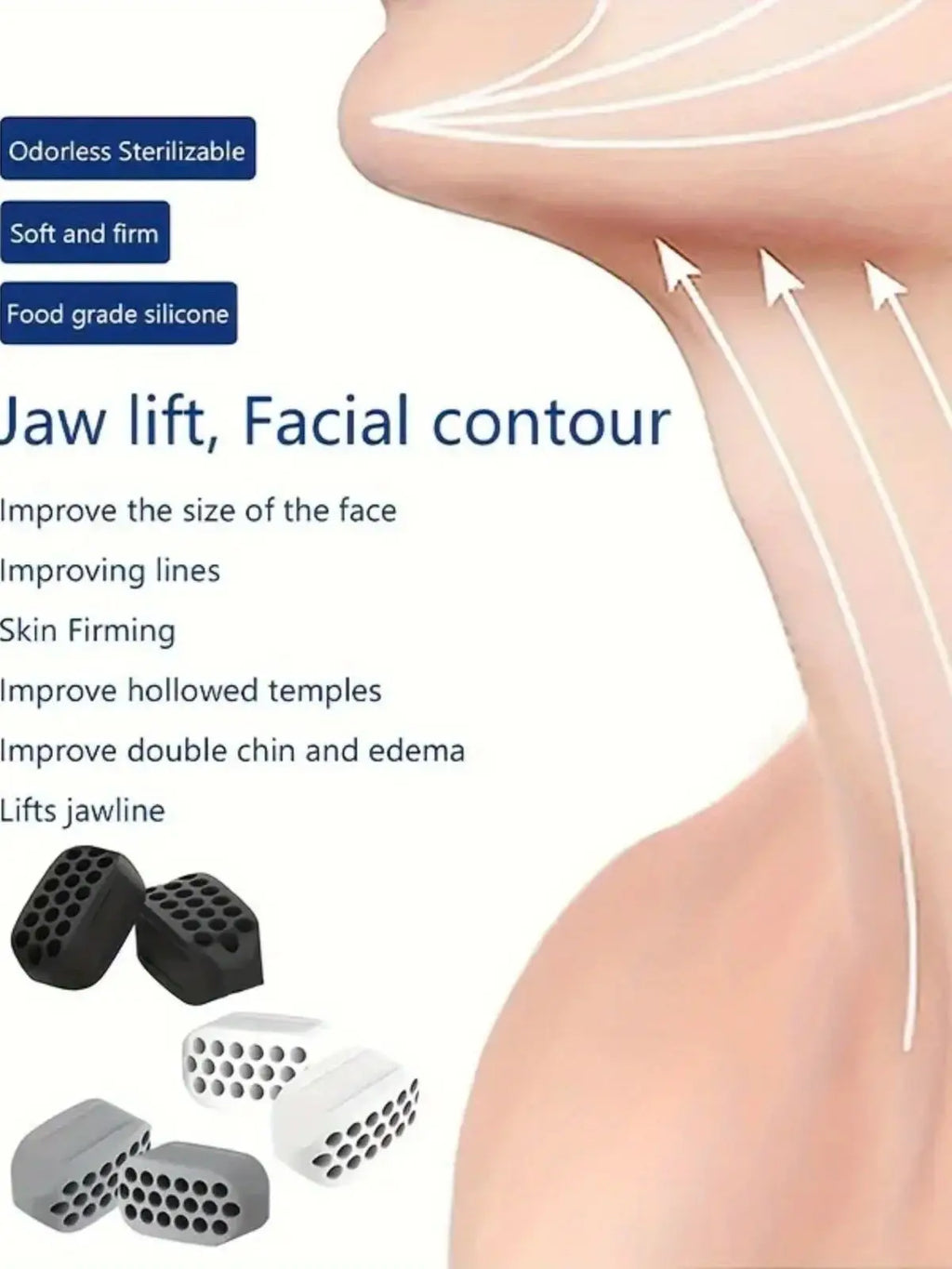 Small, rectangular silicone jaw exercisers in black, white, and grey used to tone facial muscles and define the jawline.