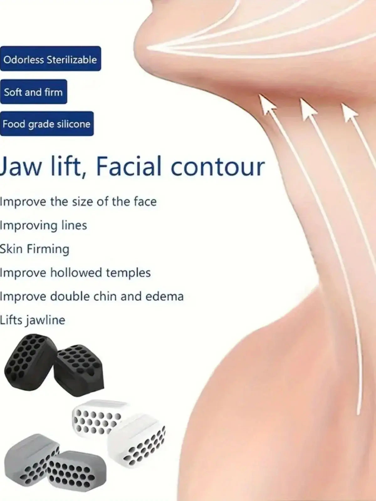 Small, rectangular silicone jaw exercisers in black, white, and grey used to tone facial muscles and define the jawline.