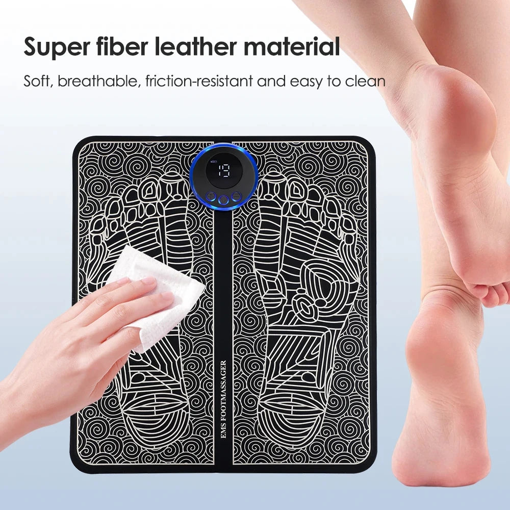 Rechargeable EMS foot massager mat with digital display, cleaning with cloth, for relief and relaxation.