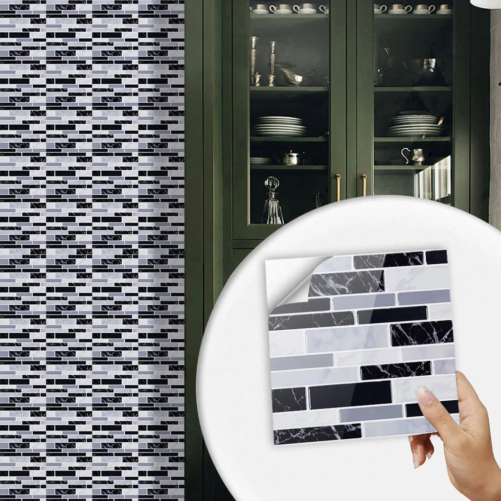 Self-adhesive 3D mosaic tile sticker set on wall, dark and white brick design