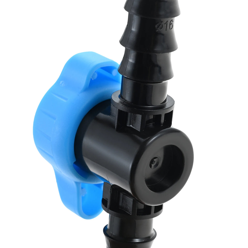 Drip irrigation shut-off valve, black barbs with blue latch body, plastic