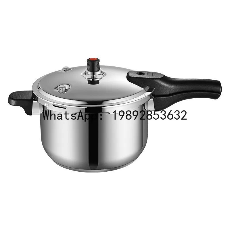 Stainless steel pressure cooker with black handles and safety valve on lid