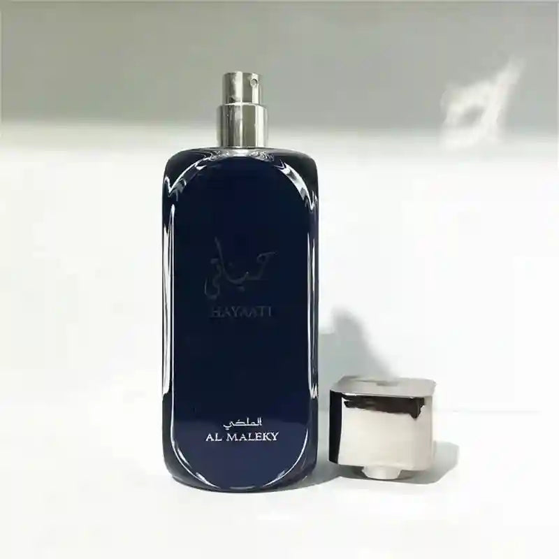 Hayaati Al Maleky long-lasting Arabic aromatic EDP for men in a sleek, rectangular black glass bottle with silver cap.